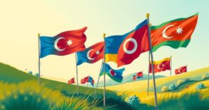 Kurdish flags waving in solidarity with a call for peace and democracy, set against a peaceful backdrop.
