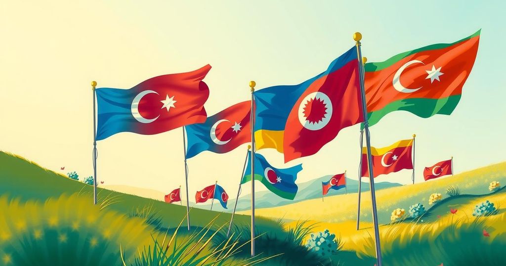 Kurdish flags waving in solidarity with a call for peace and democracy, set against a peaceful backdrop.