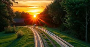A somber landscape depicting a peaceful path leading to a serene sunset, symbolizing loss and remembrance.