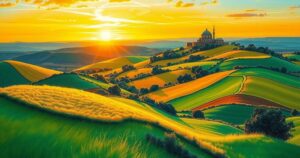 Stylized landscape featuring rolling hills, vibrant green fields, and a sunset with warm tones, inspired by Impressionism.
