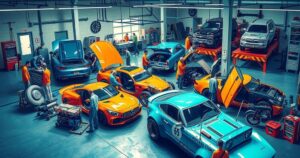Vibrant garage scene showcasing busy mechanics repairing cars in a colorful township, emphasizing community collaboration.