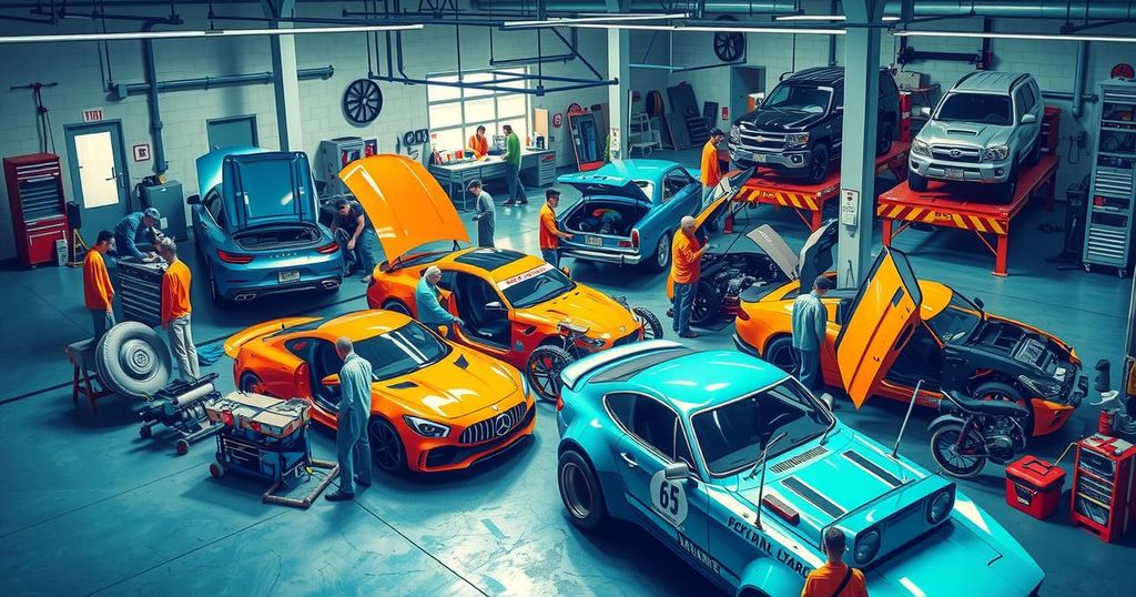 Vibrant garage scene showcasing busy mechanics repairing cars in a colorful township, emphasizing community collaboration.