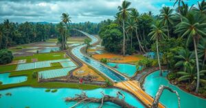 Tropical landscape showing cyclone damage with flooded fields and damaged infrastructure, depicting climate impact.
