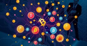A digital representation of an abstract scam narrative, featuring a tangled web of cryptocurrency symbols and shadowy figures.