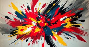 Vibrant abstract representation of military conflict, featuring a burst of colors illustrating chaos and tension.