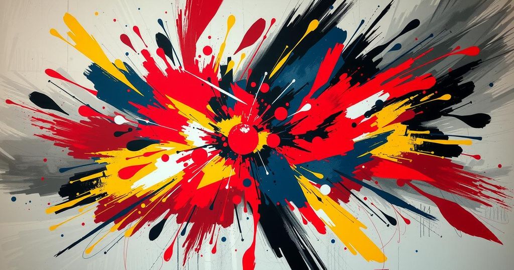 Vibrant abstract representation of military conflict, featuring a burst of colors illustrating chaos and tension.