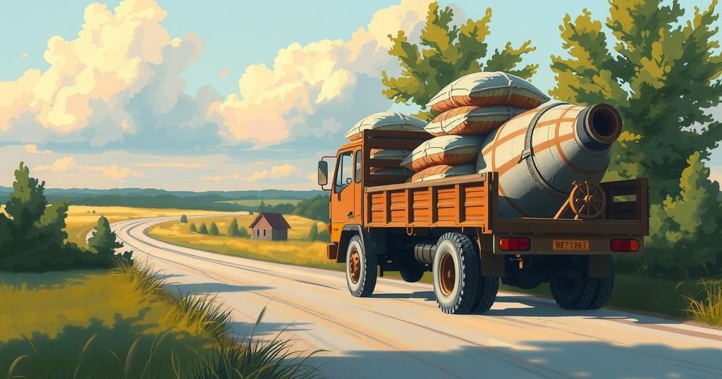 A truck carrying bags of cement parked on a road amidst trees, with police officers nearby.