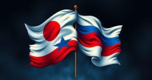 North Korean and Russian flags intertwined symbolizing diplomatic relations and military alliance