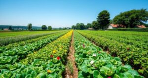 A vibrant farm landscape with healthy crops and natural pest control, showcasing eco-friendly practices in agriculture.