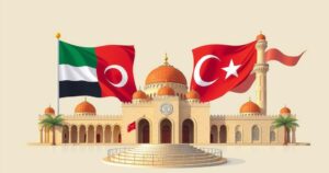 Symbolic representation of UAE-Turkey agreements with flags and buildings, showcasing cooperation and partnership.