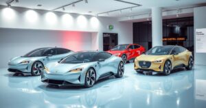 Electric vehicles debut in Jordan featuring futuristic design and smart technology in a vibrant setting.