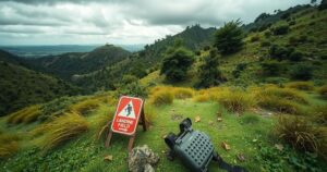 Landmine walk representation showing a minefield with warning signs, a flak jacket, and lush Angolan landscape.