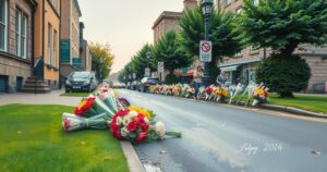 Floral tributes left on a street in Dundee honoring a respected scientist, surrounded by greenery.