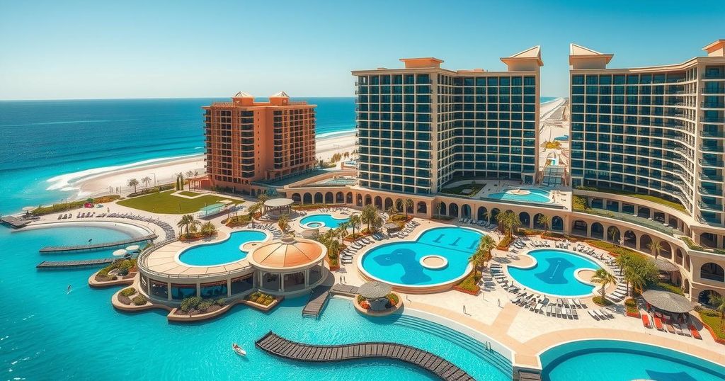 North Korean beach resort with modern architecture and ocean view, showcasing luxury tourism amidst nature.