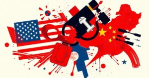 An abstract composition illustrating U.S.-China relations on drug policies with bold colors and dynamic shapes.