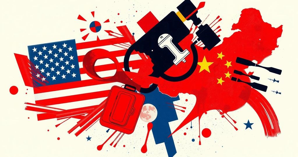 An abstract composition illustrating U.S.-China relations on drug policies with bold colors and dynamic shapes.