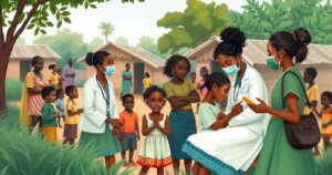 A vibrant illustrated scene showcasing healthcare professionals providing services in a remote Ugandan village.