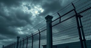 A prison surrounded by barbed wire and fences under a cloudy sky.