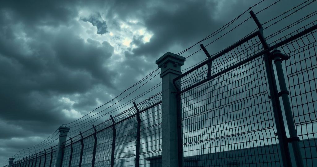 A prison surrounded by barbed wire and fences under a cloudy sky.