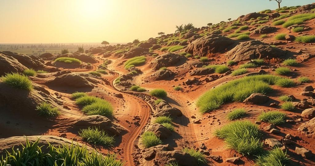 A tranquil landscape of a land mine field in Angola with clear skies, symbolizing awareness and hope for safety.