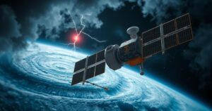 A satellite in orbit collecting meteorological data with storm clouds and lightning in the background during hurricane season.