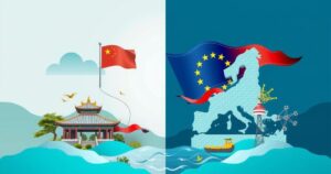 Abstract representation of medtech trade dynamics between China and EU, showcasing contrasting elements of globalization.