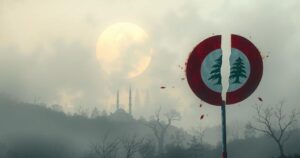 Foggy Lebanese landscape with a fragmented political symbol, representing the core issues discussed by Geagea.