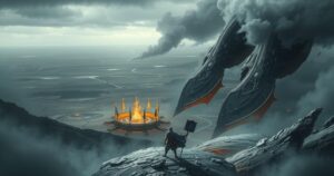 Dramatic landscape depicting conflict with weapons and borders, showcasing tension and resolution in somber colors.