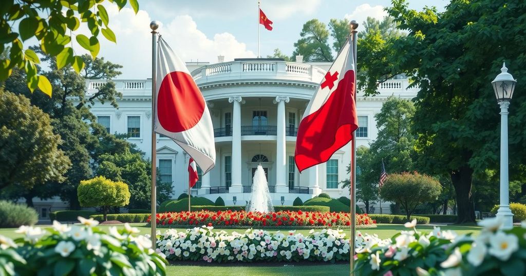 A White House ceremony with flags and flowers, showcasing a moment of peace between two nations with a vibrant palette.