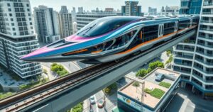 Concept of a futuristic magnetic levitation train speeding along an elevated track through a modern cityscape.