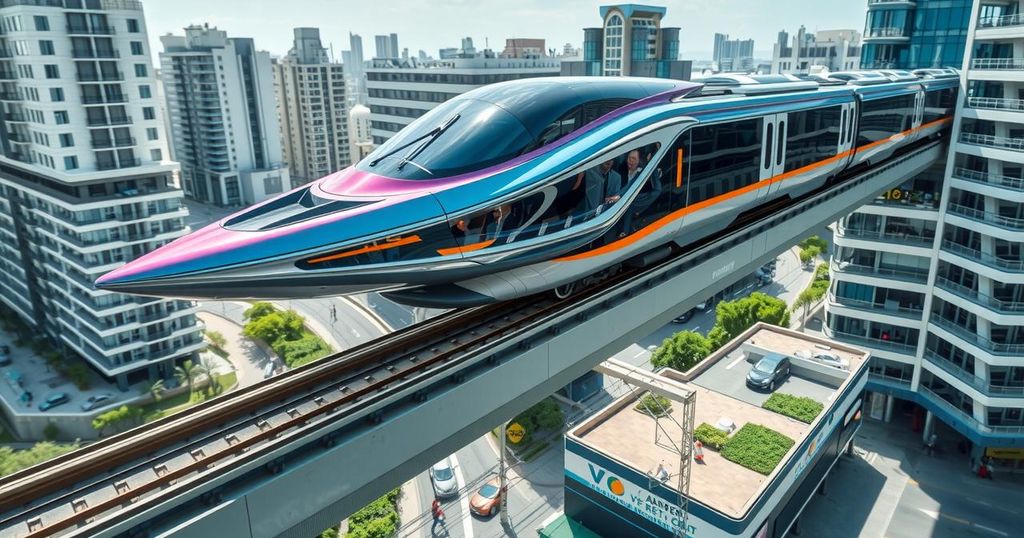 Concept of a futuristic magnetic levitation train speeding along an elevated track through a modern cityscape.