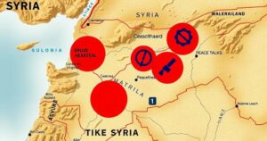 A map of Syria highlighting conflict zones in the Druze heartland with symbols for ceasefire and peace talks.