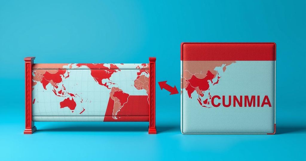 Colorful illustration depicting international communication challenges and geopolitical tensions.