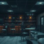 A somber view of a closed bar with dim lighting and a quiet atmosphere, reflecting a sense of loss.