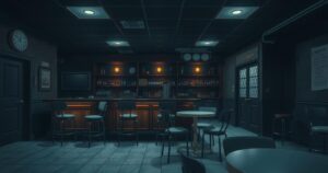A somber view of a closed bar with dim lighting and a quiet atmosphere, reflecting a sense of loss.