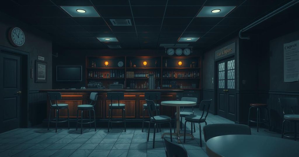 A somber view of a closed bar with dim lighting and a quiet atmosphere, reflecting a sense of loss.