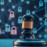 A legal gavel with a background of a digital network symbolizing privacy and data security issues.