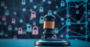 A legal gavel with a background of a digital network symbolizing privacy and data security issues.