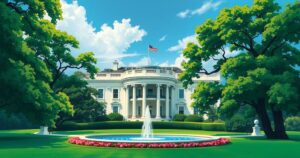 A serene landscape of a White House amidst greenery, symbolizing political discussions and international relations.