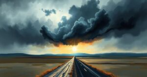 A conceptual landscape illustrating tension between Russia and Ukraine, with dark clouds and a split horizon.