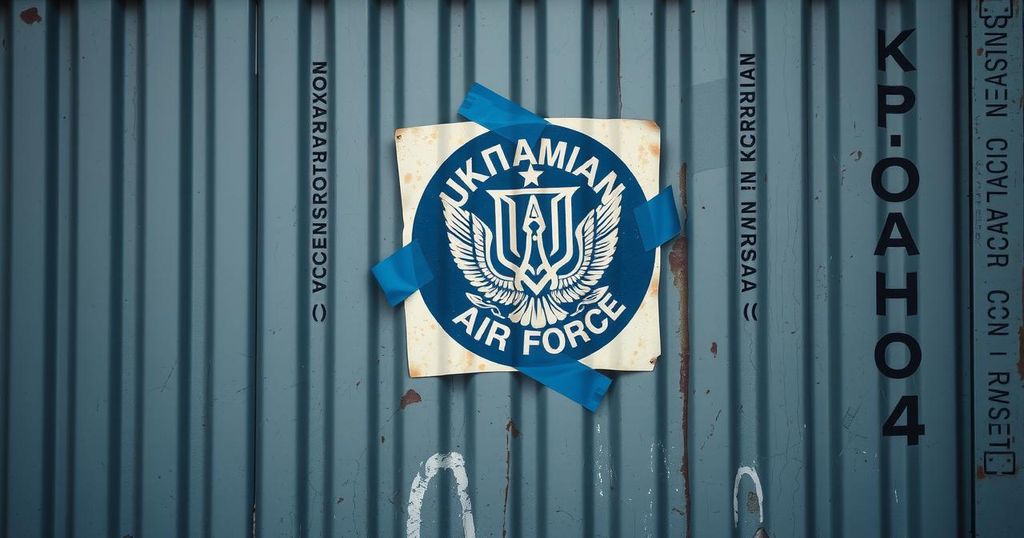 A closed container with a poorly attached Ukrainian Air Force logo and unreadable Cyrillic script.