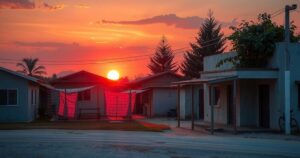 A serene sunset over an informal settlement, evoking a sense of calm amidst past turmoil.