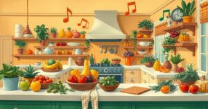 A vibrant kitchen scene with colorful cooking ingredients and musical notes, symbolizing creativity and community engagement.