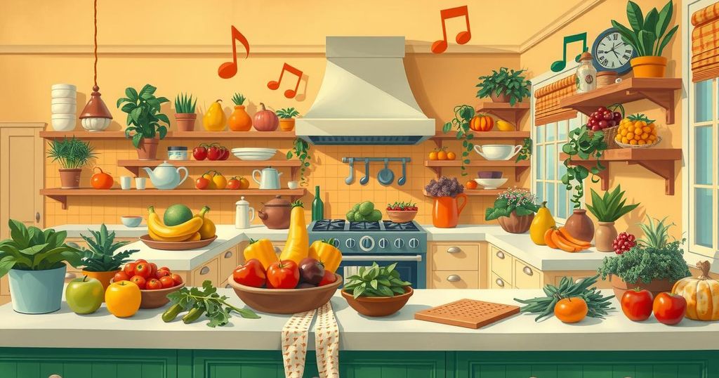 A vibrant kitchen scene with colorful cooking ingredients and musical notes, symbolizing creativity and community engagement.