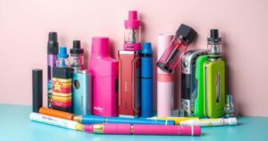 Vape pens arranged in a vibrant, colorful display representing the allure and risks of vaping among youth.