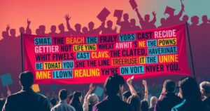 A political gathering scene featuring a colorful banner with uplifting words and a crowd silhouette, in a vibrant style.