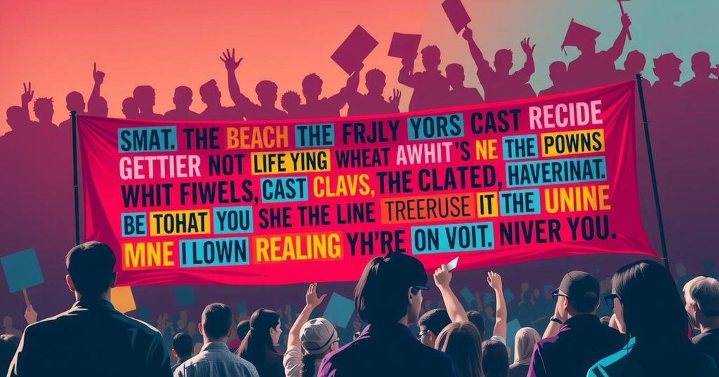 A political gathering scene featuring a colorful banner with uplifting words and a crowd silhouette, in a vibrant style.