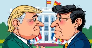 A vibrant political cartoon depicting a diplomatic scene between two leaders with expressive dialogue in a colorful setting.