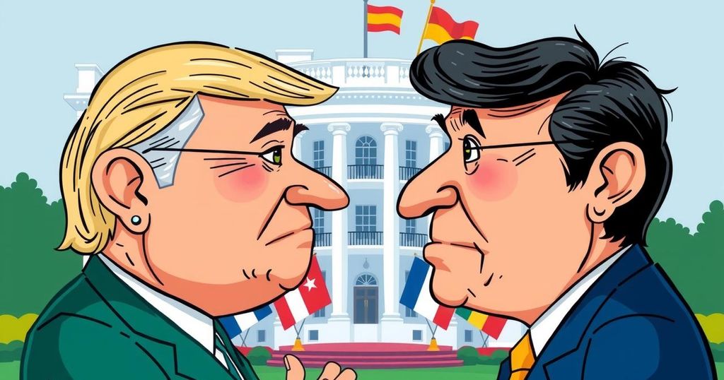 A vibrant political cartoon depicting a diplomatic scene between two leaders with expressive dialogue in a colorful setting.