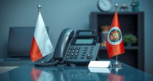 A phone on a desk between two flags, symbolizing diplomacy and international relations.